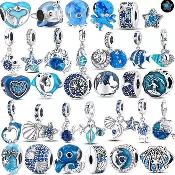 Синий S925 Стерлингового Серебра Морская Звезда Дельфин Шарм Мотаться Бусины Подходит Оригинальные Браслеты Ожерелье Женщины DIY Ювелирные Изделия Подарок