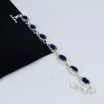 Синий сапфир драгоценный камень браслет ручной работы из стерлингового серебра 925 пробы, синий сапфир браслет для жены, браслет унисекс праздничный наряд подарок 8 синий