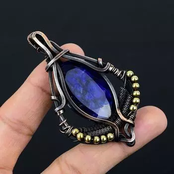 Синий Сапфир Драгоценный Камень Чистая Медная Проволока Обернутый Дизайнер Ручной Работы Подвеска Ювелирные Изделия Для Свадебного Подарка 3.07 Inches синий