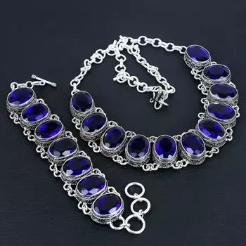 Синий сапфир драгоценный камень ручной работы 925 стерлингового серебра ювелирные изделия ожерелье браслет комплект, антикварный ювелирный комплект, свадебные подарки браслет для пасхального подарка 20 синий