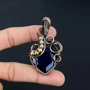 Синий сапфир драгоценный камень ручной работы из чистой медной проволоки обернутый кулон ювелирные изделия на День памяти 2.56 Inches синий