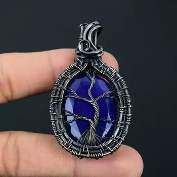 Синий сапфир драгоценный камень ручной работы из чистой медной проволоки обернутый кулон ювелирные изделия на День памяти 2.56 Inches синий