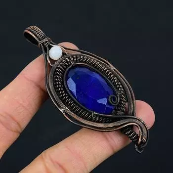 Синий сапфир, лунный камень, драгоценный камень, чистая медная проволока, обернутая дизайнерской подвеской ручной работы, ювелирные изделия для свадебного подарка 3.23 Inches синий