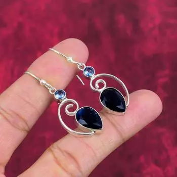 Синий сапфир, серьги с танзанитом, ювелирные изделия из драгоценных камней, серьги ручной работы из стерлингового серебра 925 пробы, ювелирные изделия новейшего дизайна 1.97 Inches синий