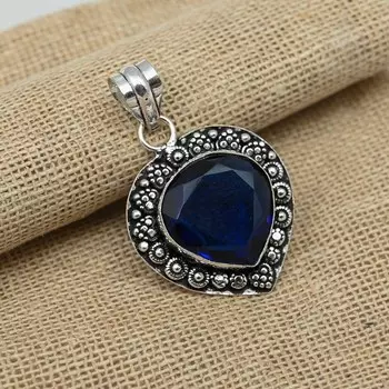 Синий сапфир, созданный в лаборатории драгоценного камня ручной работы из стерлингового серебра 925 пробы, подвеска для нее 1.77 Inches синий