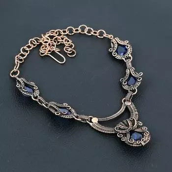 Синий сапфир, созданный в лаборатории драгоценный камень, ювелирное ожерелье ручной работы из чистой медной проволоки для любви 18 Inches синий