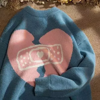 Синий сердечный женский свитер с принтом, корейский свободный повседневный пуловер для осени и зимы, удобная женская одежда с круглым вырезом One Size