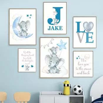 Синий Серый Слон, Луна, Звезды, детская настенная живопись, на заказ, имя мальчика, холст, картина, постер и принт, подарок для детского душа, декор для детской комнаты A4 21X30cm No Framed