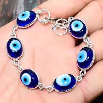 Синий сглаза драгоценный камень стерлингового серебра 925 пробы замечательный ювелирный браслет ручной работы 7-8 Inches синий