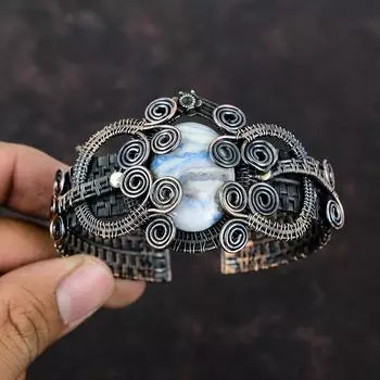 Синий шеелитовый медный браслет, браслет-манжета, обернутый проволокой, регулируемый браслет, ювелирные изделия из медной проволоки, браслет ручной работы, браслет из драгоценных камней, подарок для нее