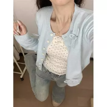 Синий солнцезащитный трикотажный кардиган женский, начало осени 2024, новый свободный свитер с бантом и ленивым ветром S синий