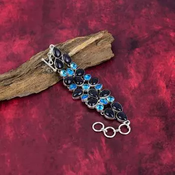 Синий солнечный камень, браслет с голубым топазом, ювелирные изделия из цельного серебра 925 пробы с драгоценными камнями, браслет ручной работы на День матери Adjustable With 8 Inches синий