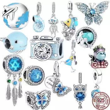 Синий Стерлингового Серебра 925 Бусина Сверкающая Сова Попугай Бабочка Единорог Мотаться Браслет DIY Ювелирные Изделия Подарок белый