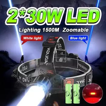 Синий свет и белый свет Мощный налобный фонарь Белый лазерный светодиодный дальний мощный световой фонарь для ночной рыбалки without battery чёрный