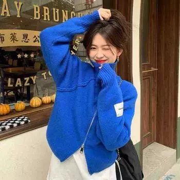 Синий свитер куртка осень и зима утолщенная молния дизайн Sense длинный рукав вязаный кардиган топы женский удобный универсальный модный One size серый