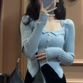 Синий свитер с квадратным вырезом внизу, женский пуловер, весна 2023, однотонный короткий свитер с длинными рукавами, маленький вязаный короткий свитер, женский топ