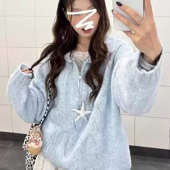 Синий свитер с закрученными лацканами 2024 года, новый молочный фуфу, ленивый ветер, осенне-зимняя одежда, вязаный топ S recommends 80-47.5 kg светло-синий