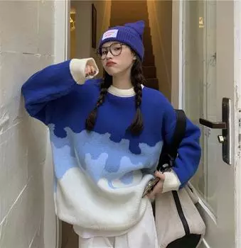 Синий свитер женский утолщенный дизайн чувство осенне-зимней одежды ленивый цвет столкновение вязаный свитер топы удобный и универсальный one size синий