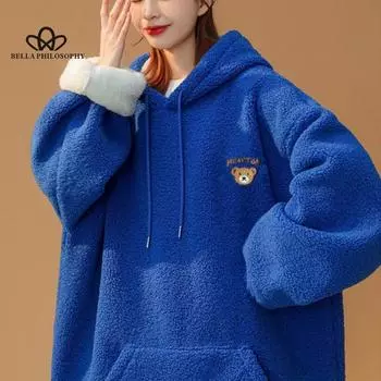 Синий свитшот, женские осенне-зимние новые утолщенные флисовые толстовки из овечьего флиса M чёрный