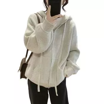 Синий свободный свитер на молнии с капюшоном для женщин на осень и зиму, нежный, мягкий и ленивый вязаный кардиган, верхняя куртка One Size бежевый