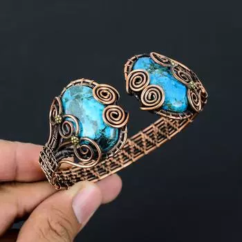 Синий тибетский бирюзовый драгоценный камень чистая медная проволока, обернутая вручную манжета/браслет, регулируемые ювелирные изделия Adjustable синий