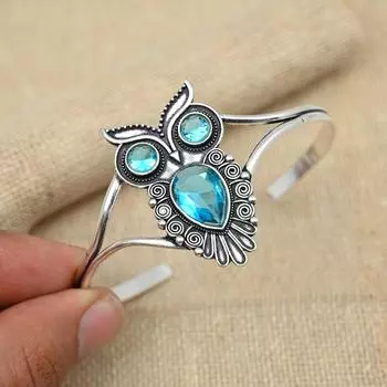 Синий топаз драгоценный камень 925 Серебряный браслет ручной работы с изображением совы Очаровательная манжета для женщин 8 Inches синий