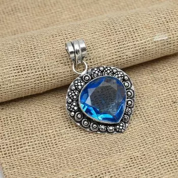 Синий топаз драгоценный камень стерлингового серебра 925 пробы ручной работы кулон свадебный подарок ювелирные изделия 1.77 Inches синий