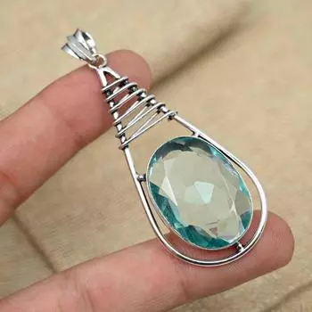 Синий топаз драгоценный камень стерлингового серебра 925 пробы антикварный кулон подарок для женщин ювелирные изделия 2.75 Inches зелёный