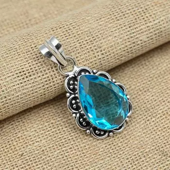 Синий топаз стерлингового серебра 925 пробы драгоценный камень ручной работы кулон ювелирные изделия Рождественский подарок 1.77 inches синий