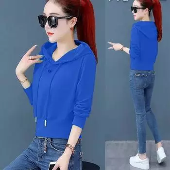 Синий весенне-осенний свитер с капюшоном и короткой талией, корейская версия тонкой части с длинными рукавами S зелёный