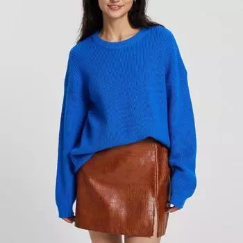 Синий вязаный свитер осень-зима круглый вырез длинный рукав пуловер свободный ленивый стиль свитер куртка S синий