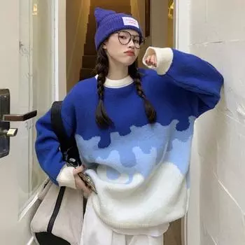 Синий вязаный свитер с принтом, женский круглый вырез с длинным рукавом, винтажный повседневный корейский модный мешковатый зимний теплый пуловер S синий
