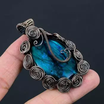 Синий вспышка лабрадорит драгоценный камень медная проволока обертывание ручной работы дизайнер кулон ювелирные изделия подарок 2.56 Inches синий