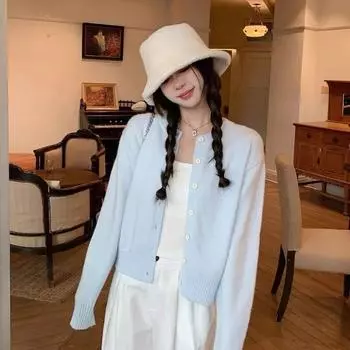 Синий женский кардиган, пальто, нежный стиль, женский трикотаж, осень-зима, простой универсальный короткий свитер с круглым вырезом onesize небесно-голубой