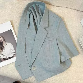 Синий женский пиджак с коротким рукавом — повседневный и изысканный тонкий стиль на лето S синий