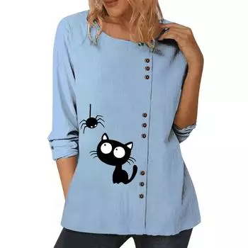 Синий женский топ с цветочным принтом, круглым вырезом, длинными рукавами и пуговицами S