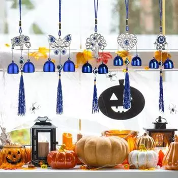 Синий злые глаза ветряная музыка с 2 колокольчиками для внутреннего и наружного использования в саду, патио, подвесной металлический ветряной колокольчик в форме сердца и дерева для бабочки Love Heart