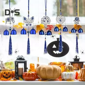 Синий злые глаза ветряная музыка с 2 колокольчиками для внутреннего и наружного использования в саду, патио, подвесной металлический ветряной колокольчик в форме сердца и дерева для бабочки Love Heart