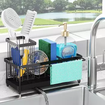 Sink Shelf Self-draining Stainless Steel Sink Caddy Drain Rack Soap Dishwashing Sponge Holder Drainer for Kitchen Sink Organizer чёрный