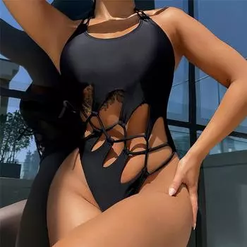 SINO.TREND сексуальный женский купальник с лямкой на шее и вырезами на шнуровке, цельный купальник, женский купальный костюм с высокой посадкой и подкладкой, купальный костюм для плавания [готовый запас] S чёрный