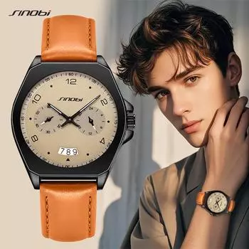 SINOBI Лучшие брендовые мужские часы Модные стили Мужские кварцевые наручные часы Лучшие подарки Часы Мужские водонепроницаемые часы коричневый