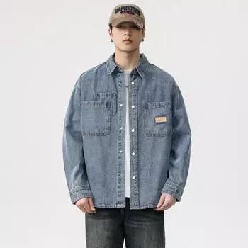 Синяя американская высококачественная джинсовая рубашка, мужская свободная повседневная куртка большого размера, куртка модного бренда M синий