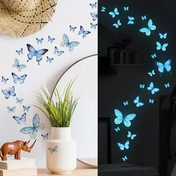 Синяя бабочка, светящаяся стена, наклеенная на стену для гостиной, спальни, детской комнаты, фоновое украшение, наклеенная из пасты синий