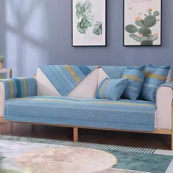 Синяя диванная подушка, всесезонная универсальная кожа, простая и современная мода, противоскользящая, хлопковые и льняные полоски 70*70