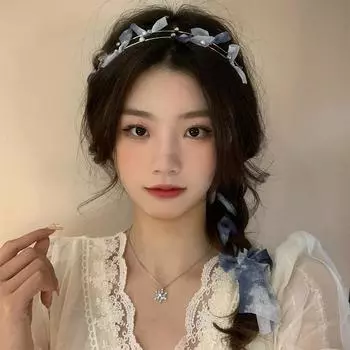 Синяя двойная жемчужина повязка на голову женская резинка для волос система с летним супер феерическим бантом плетеная лента для волос стример