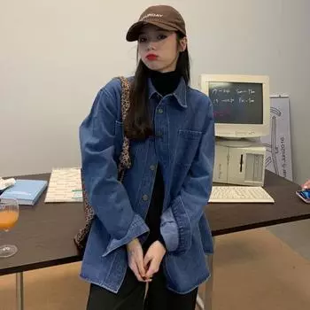 Синяя джинсовая куртка-рубашка в гонконгском стиле