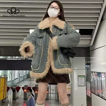 Синяя джинсовая куртка с меховым воротником, женская осенне-зимняя винтажная хлопковая утолщенная универсальная свободная куртка с длинными рукавами S синий