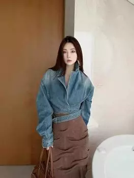 Синяя джинсовая куртка в стиле ретро, свободный, уникальный, укороченный топ для улицы S синий