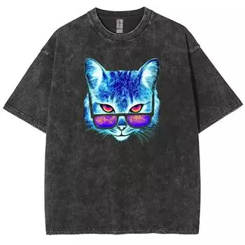 Синяя футболка с принтом кошки, в солнцезащитных очках, модный дизайн, выстиранная, свободный рукав, нейтральная, повседневная, летняя футболка S