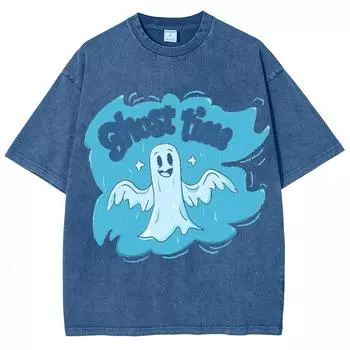 Синяя футболка с принтом в виде мультяшного привидения, женская, свободная, свободного покроя, с коротким рукавом, забавная, повседневная, для подростков, плотная хлопковая футболка S